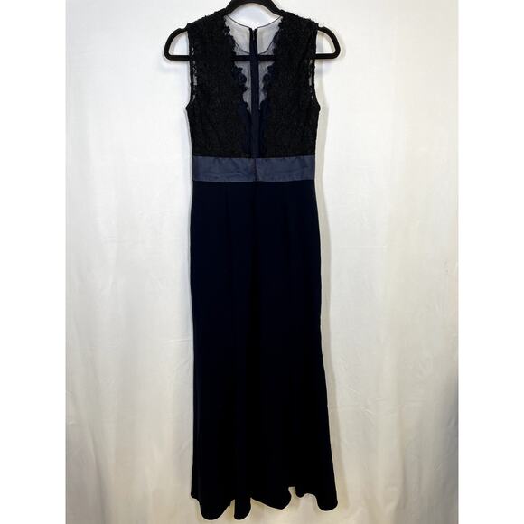 THEIA Illusion Neck Lace Trim Long Evening Gown Deep Midnight Size 4 $1200 - Picture 3 of 9